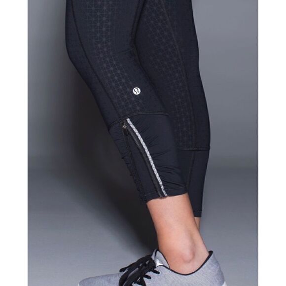Lululemon Runday 7/8 Tri Geo Embossed Leggings Black Zippers Workout 2 - Picture 3 of 16